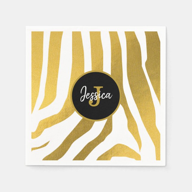Customized Faux Gold Zebra Print Stripes Pattern Napkin (Front)