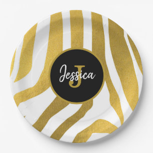 Customized Faux Gold Zebra Print Stripes Pattern Paper Plate