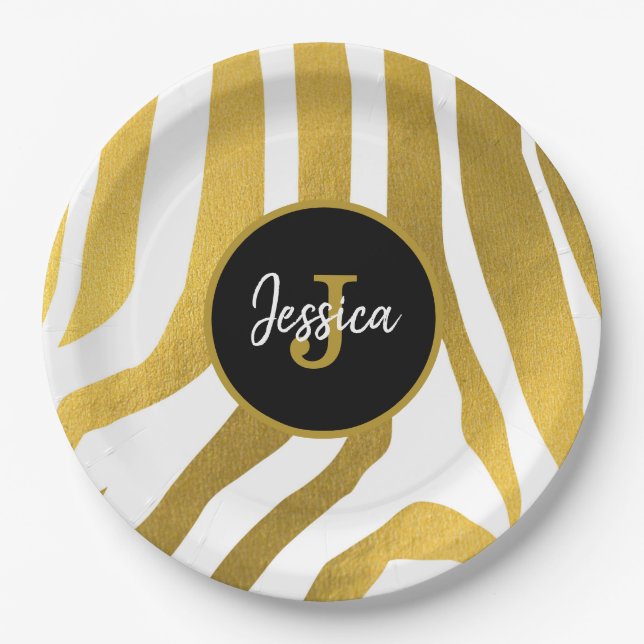 Customized Faux Gold Zebra Print Stripes Pattern Paper Plate (Front)