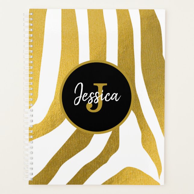 Customized Faux Gold Zebra Print Stripes Pattern Planner (Front)