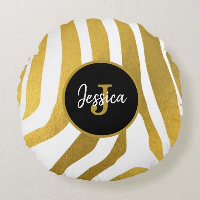Customized Faux Gold Zebra Print Stripes Pattern Round Pillow (Front)