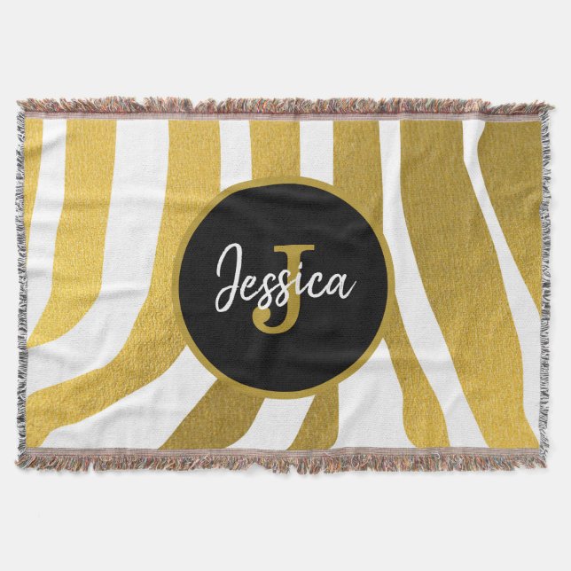 Customized Faux Gold Zebra Print Stripes Pattern Throw Blanket (Front)