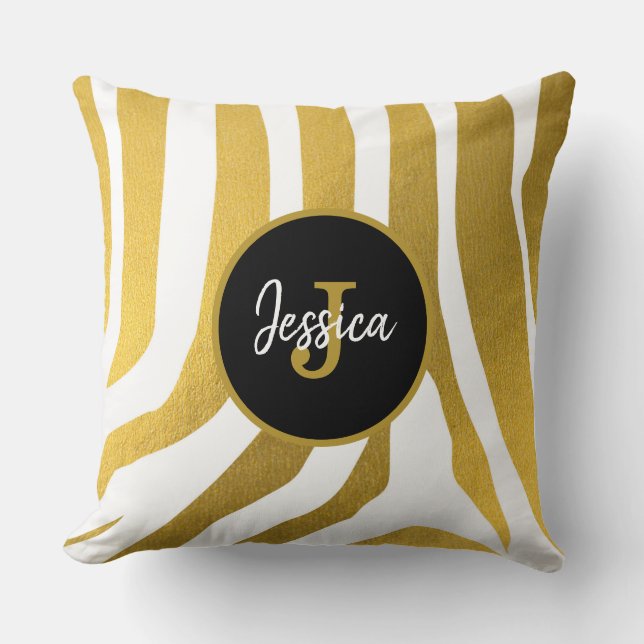 Customized Faux Gold Zebra Print Stripes Pattern Throw Pillow (Front)
