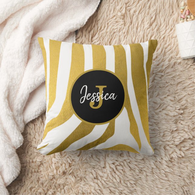 Customized Faux Gold Zebra Print Stripes Pattern Throw Pillow (Blanket)