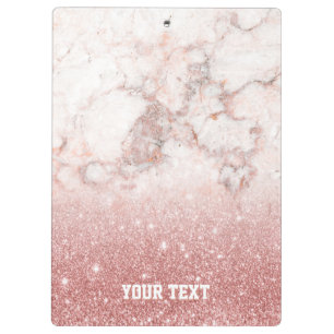 Customized Faux Rose Gold Glitter White Marble Clipboard