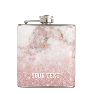 Customized Faux Rose Gold Glitter White Marble Hip Flask