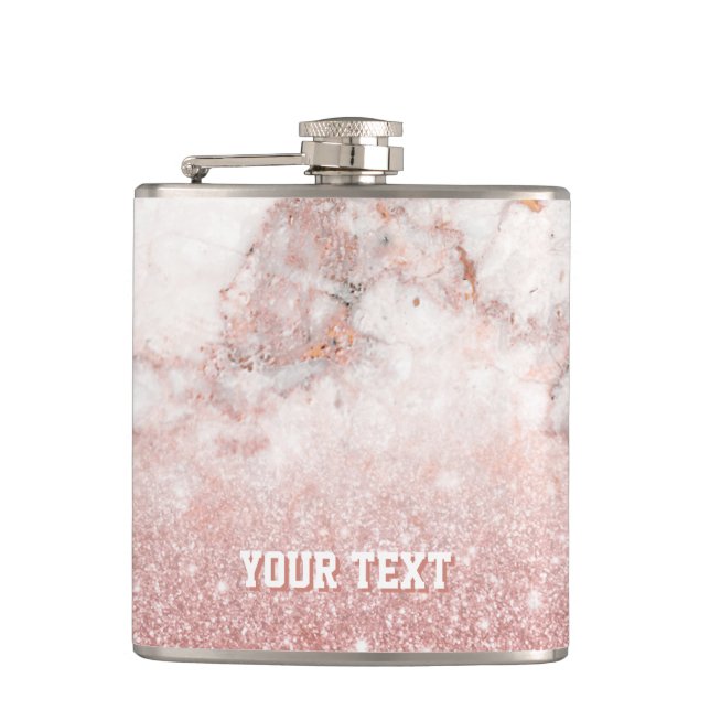 Customized Faux Rose Gold Glitter White Marble Hip Flask (Front)