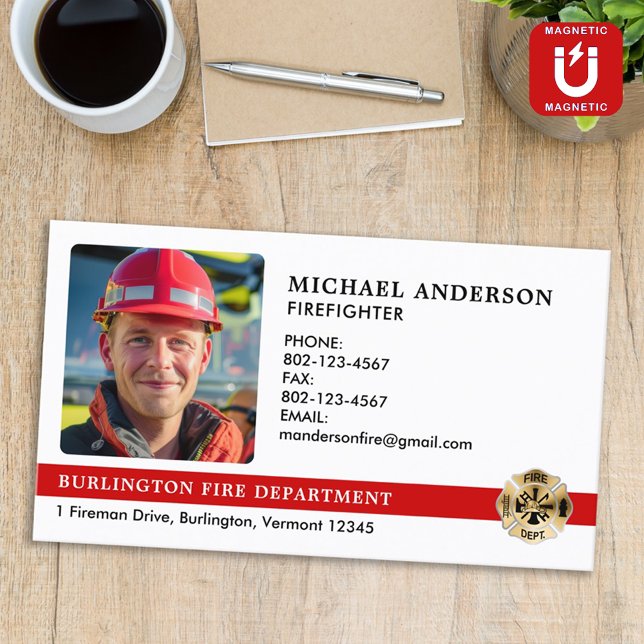 Customized Fire Department Logo Firefighter Photo Magnetic Business Card (Creator Uploaded)