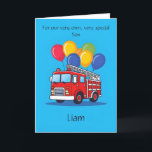 Customized Fire Truck Cute Son Birthday Poem Card<br><div class="desc">Make his birthday extra special with this personalized fire truck poem card—perfect for your amazing little boy! Bright balloons and a cheerful red engine set the scene for fun, while your custom poem makes it uniquely his. Use the Design Tool to change the child’s name on the front, birthday age,...</div>