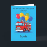 Customized Fire Truck Grandson Birthday Poem Card<br><div class="desc">Celebrate your beloved little one with this personalized birthday poem card—perfect for your very special grandson! Featuring an adorable fire truck with balloons, this cheerful design is sure to delight. Use our Design Tool to customize every part: the name on the front, the poem on the inside, and the birthday...</div>
