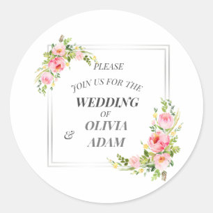 Customized Floral and Silver Frame Classic Round Sticker