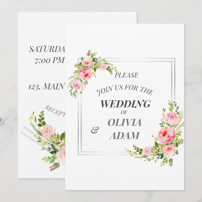 Customized Floral and Silver Frame Invitation (Front/Back)