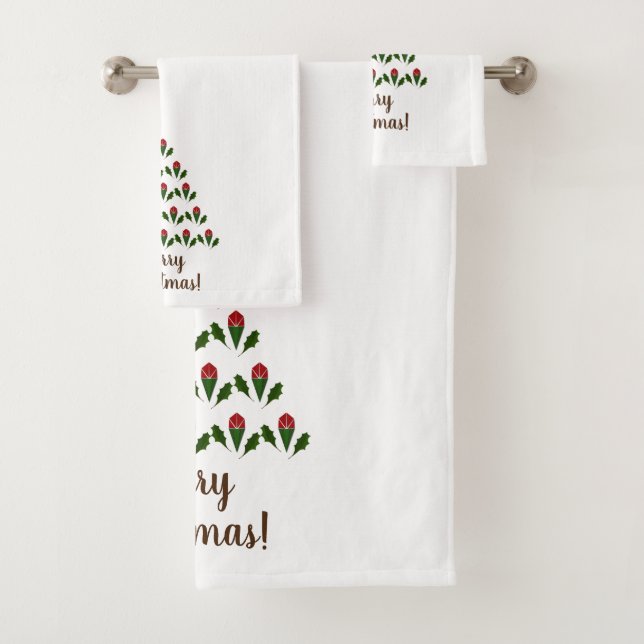 Customized Fun Red Roses, Holly Christmas Tree Bath Towel Set (Insitu)