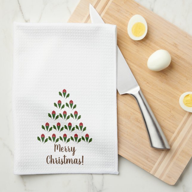 Customized Fun Red Roses, Holly Christmas Tree Kitchen Towel (Quarter Fold)