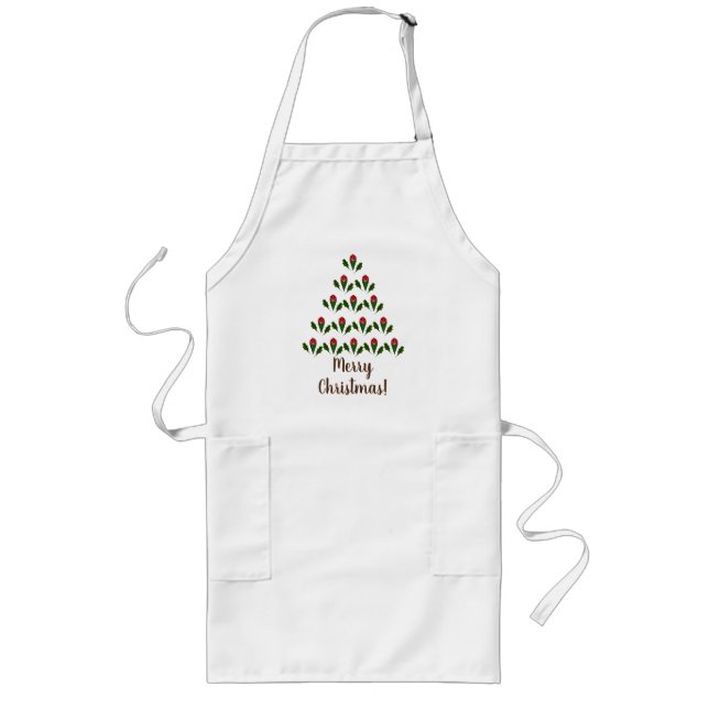 Customized Fun Red Roses, Holly Christmas Tree Long Apron (Front)