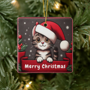 Customized Funny Christmas Mischievous Tabby Cat Ceramic Ornament