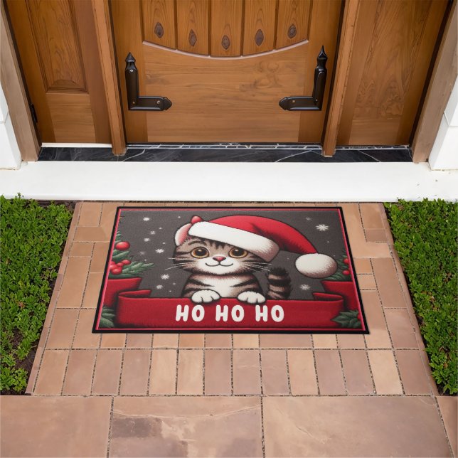 Customized Funny Christmas Mischievous Tabby Cat Doormat (Outdoor)