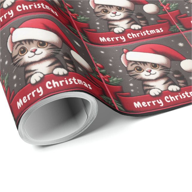 Customized Funny Christmas Mischievous Tabby Cat Wrapping Paper (Roll Corner)
