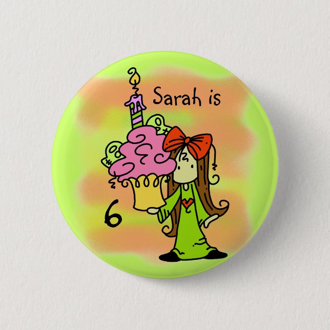 Customized Girl With Cupcake Birthday Button (Front)