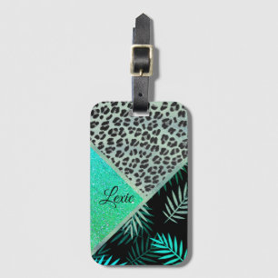 Customized Glittery Teal Tropical Leopard Print  Luggage Tag