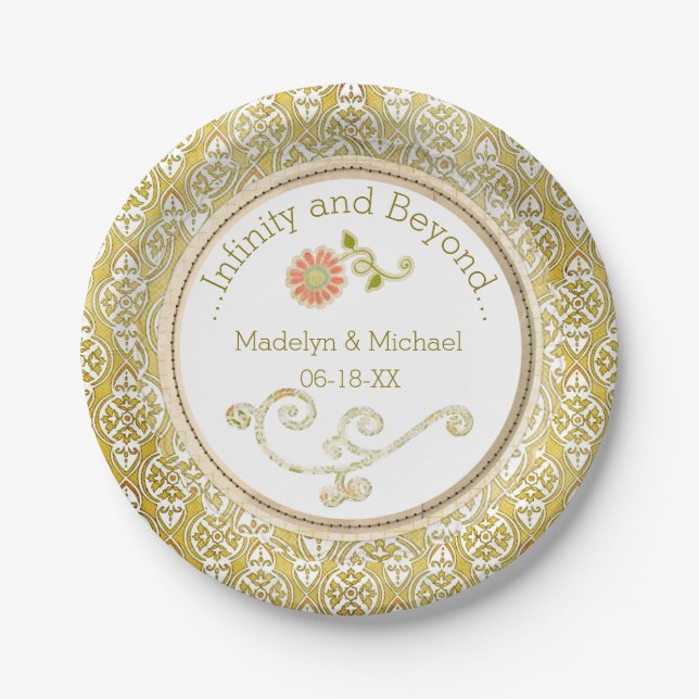 Customized Gold Damask Wedding Paper Plates (Front)