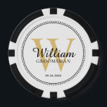 Customized Gold Monogrammed Groomsman White Poker Chips<br><div class="desc">Customized Gold Monogrammed Groomsman White Poker Chips. The dotted border is reminiscent of milgrain,  which is a jewellery-detailing technique often used for engagement and wedding rings. The colour of text,  dotted border and background may be changed.</div>