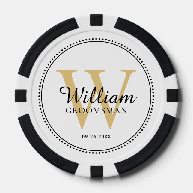 Customized Gold Monogrammed Groomsman White Poker Chips (Front)