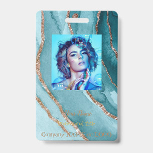 Customized Gold Teal Blue MARBLE Name Tag Badge