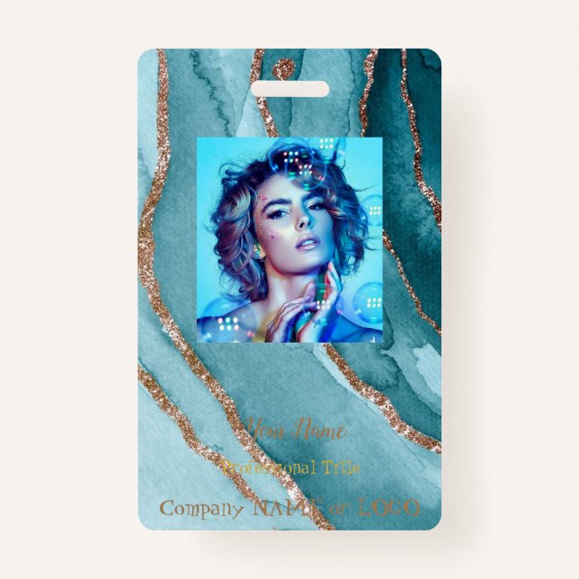 Customized Gold Teal Blue MARBLE Name Tag Badge (Front)