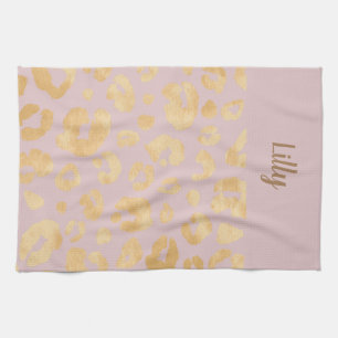 Customized Golden Metallic Pink Cheetah Print  Kitchen Towel