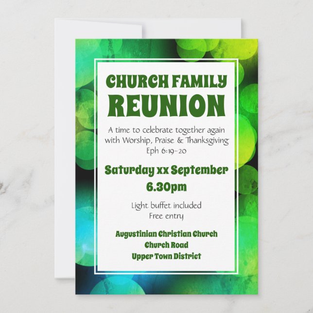 Customized Green Bokeh CHURCH FAMILY REUNION Invitation (Front)