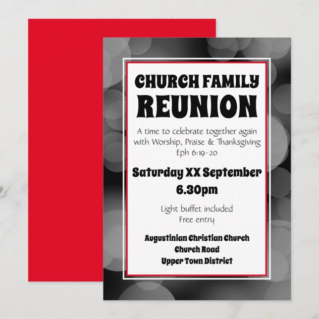Customized Grey Bokeh CHURCH FAMILY REUNION Invitation (Front/Back)