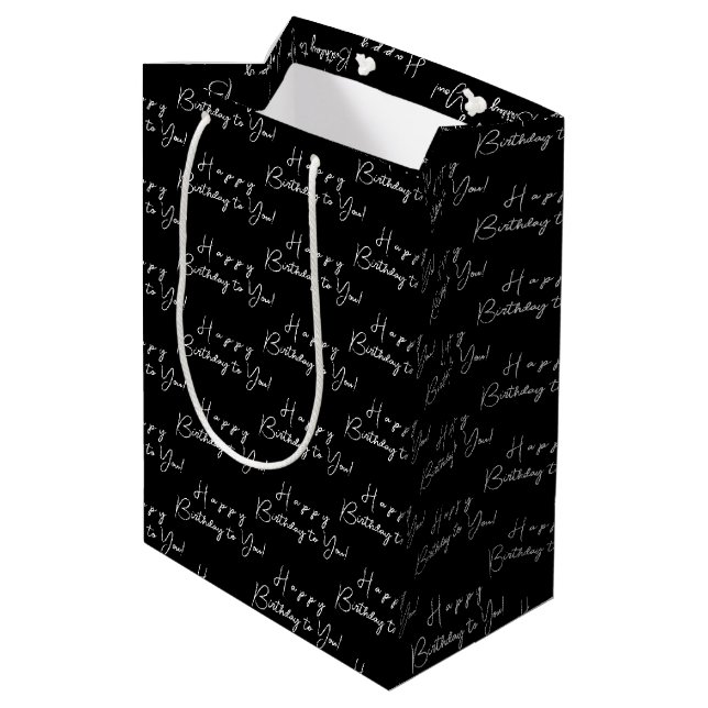 Customized Happy Birthday Black and White Pattern Medium Gift Bag (Back Angled)