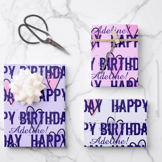 Customized Happy Birthday Pink & Purple Hearts Wrapping Paper Sheet (Front)