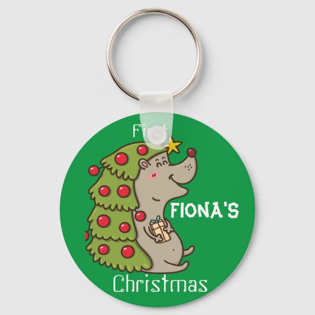 Customized Happy & Cute Hedgehog Christmas Theme  Keychain (Front)
