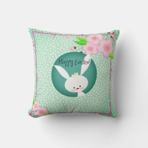 Customized HAPPY EASTER Rustic Bunny Teal Blue Throw Pillow