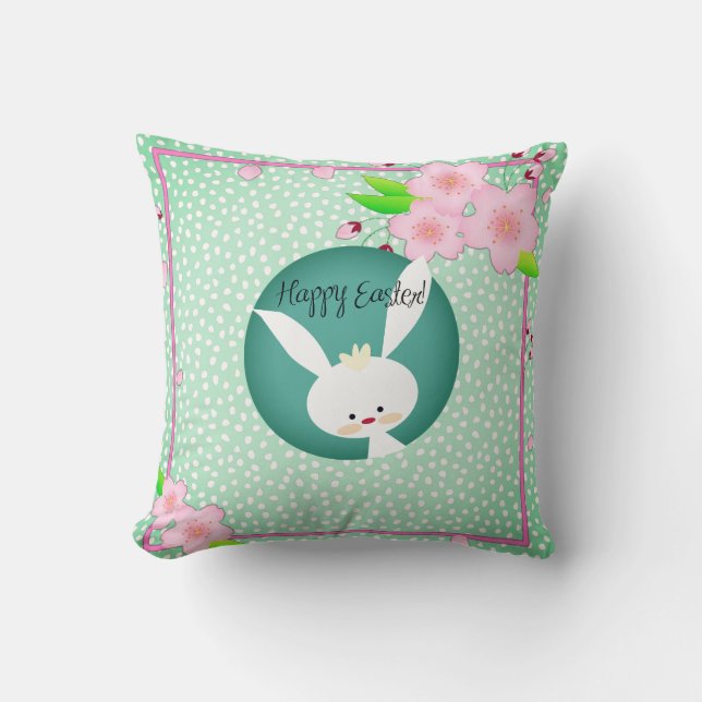 Customized HAPPY EASTER Rustic Bunny Teal Blue Throw Pillow (Front)