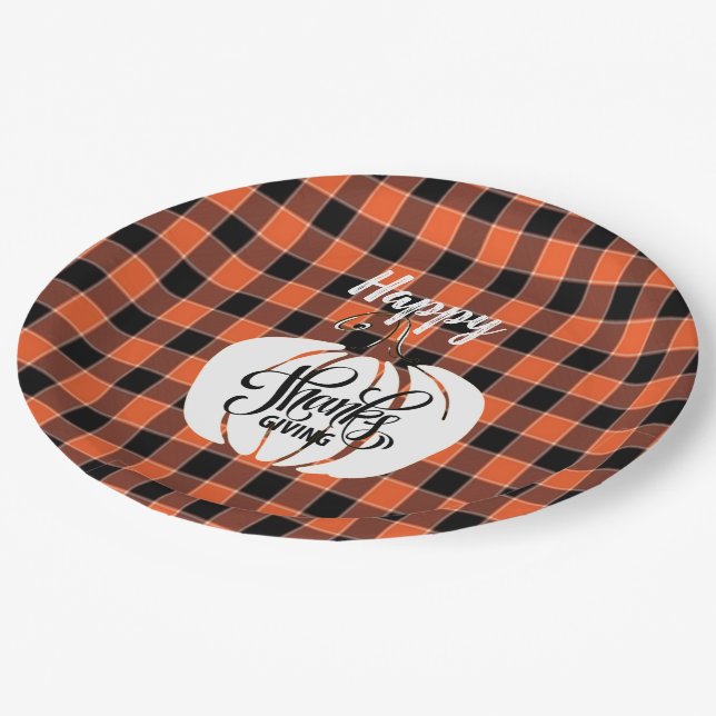 Customized HAPPY Thanksgiving Orange Buffalo Plaid Paper Plate (Angled)