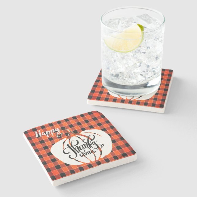 Customized HAPPY Thanksgiving Orange Buffalo Plaid Stone Coaster (Side)