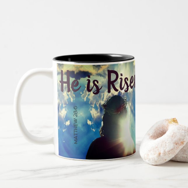 Customized HE IS RISEN Religious Jesus Easter Two-Tone Coffee Mug (With Donut)