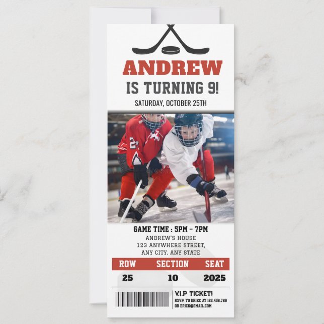 Customized Hockey Ticket Birthday Party with Photo Invitation (Front)