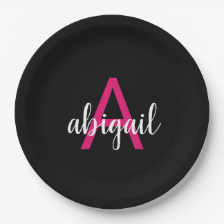 Customized Hot Pink Black Stylish Monogram Name Paper Plate