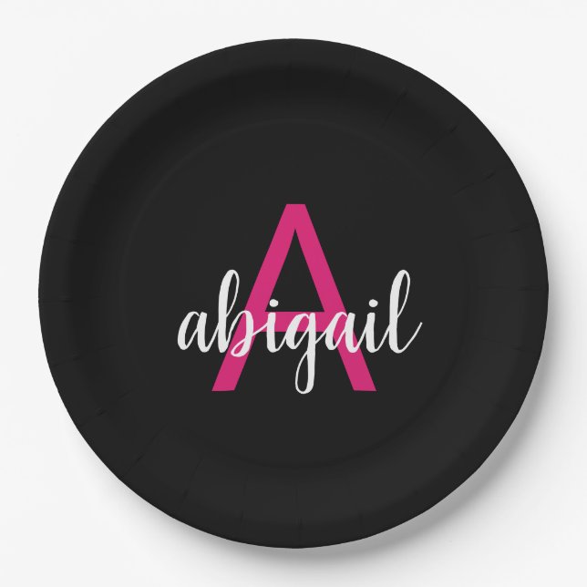 Customized Hot Pink Black Stylish Monogram Name Paper Plate (Front)