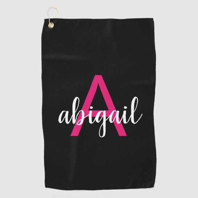 Customized Hot Pink Elegant Modern Monogram Name Golf Towel (Front)