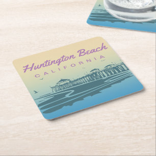 Customized Huntington Beach Pier Illustration Square Paper Coaster