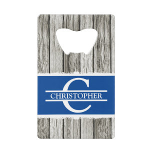Customized initial name rustic blue white grey credit card bottle opener