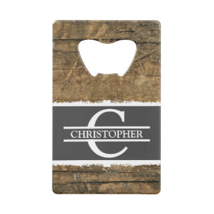 Customized initial name rustic faux wood grey credit card bottle opener