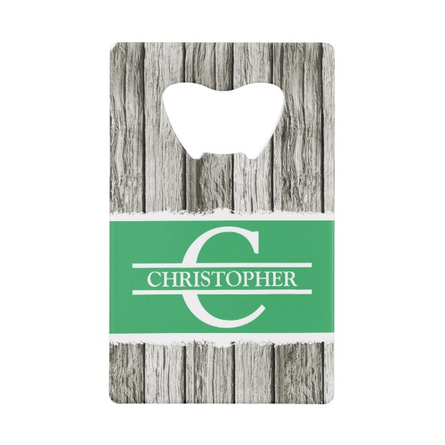 Customized initial name rustic green white grey credit card bottle opener (Front)