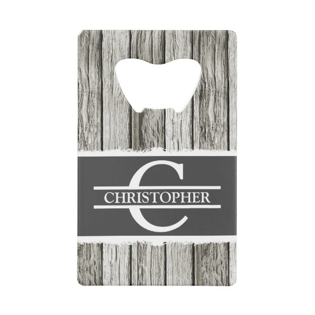 Customized initial name rustic white grey credit card bottle opener (Front)
