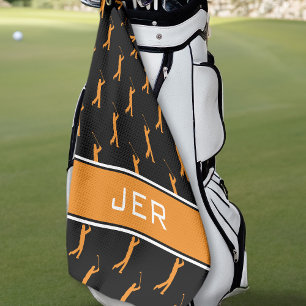 Customized Initials Golfer Black Pattern Orange Golf Towel